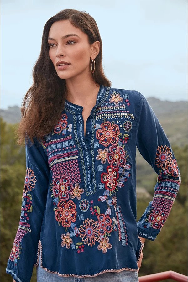 Katie Blouse Blue Night Front Outdoor Shot.