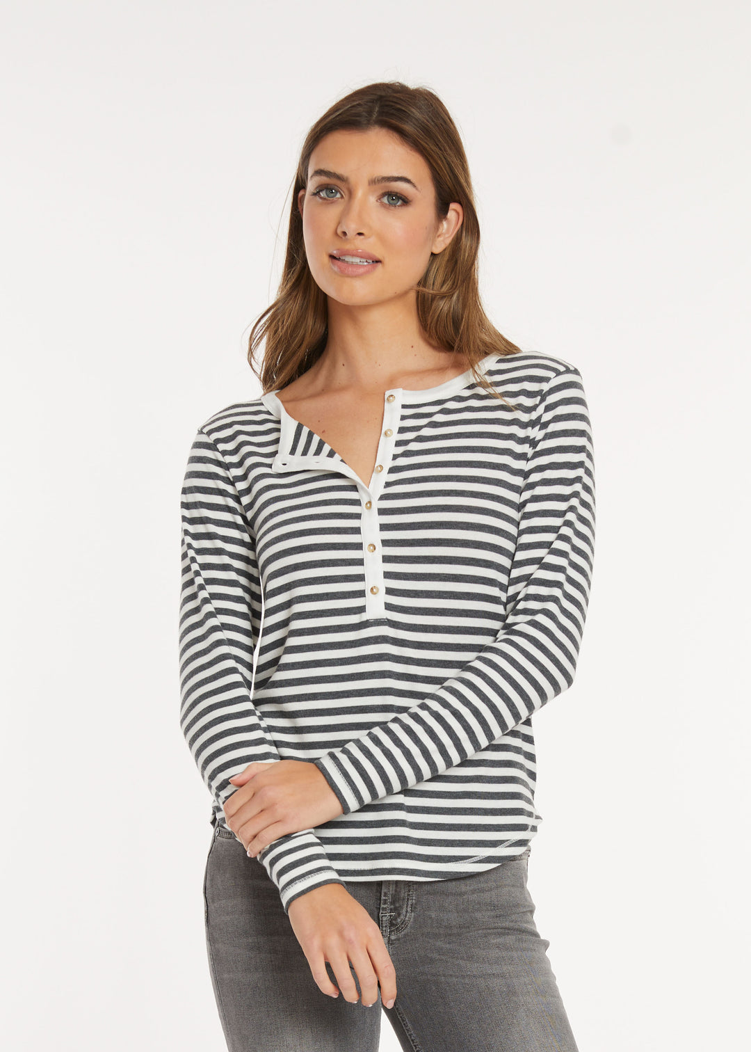 Mododoc Slim Shirttail Henley Ivory/Charcoal Stripe 1