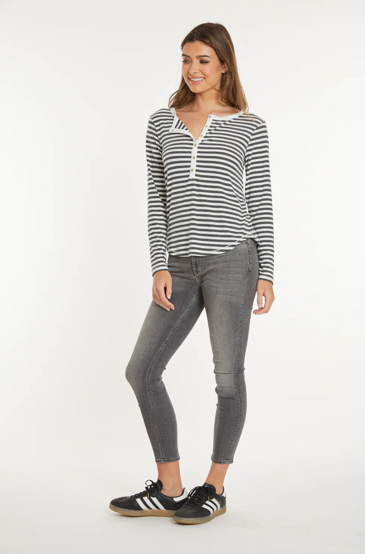 Mododoc Slim Shirttail Henley Ivory/Charcoal Stripe 2