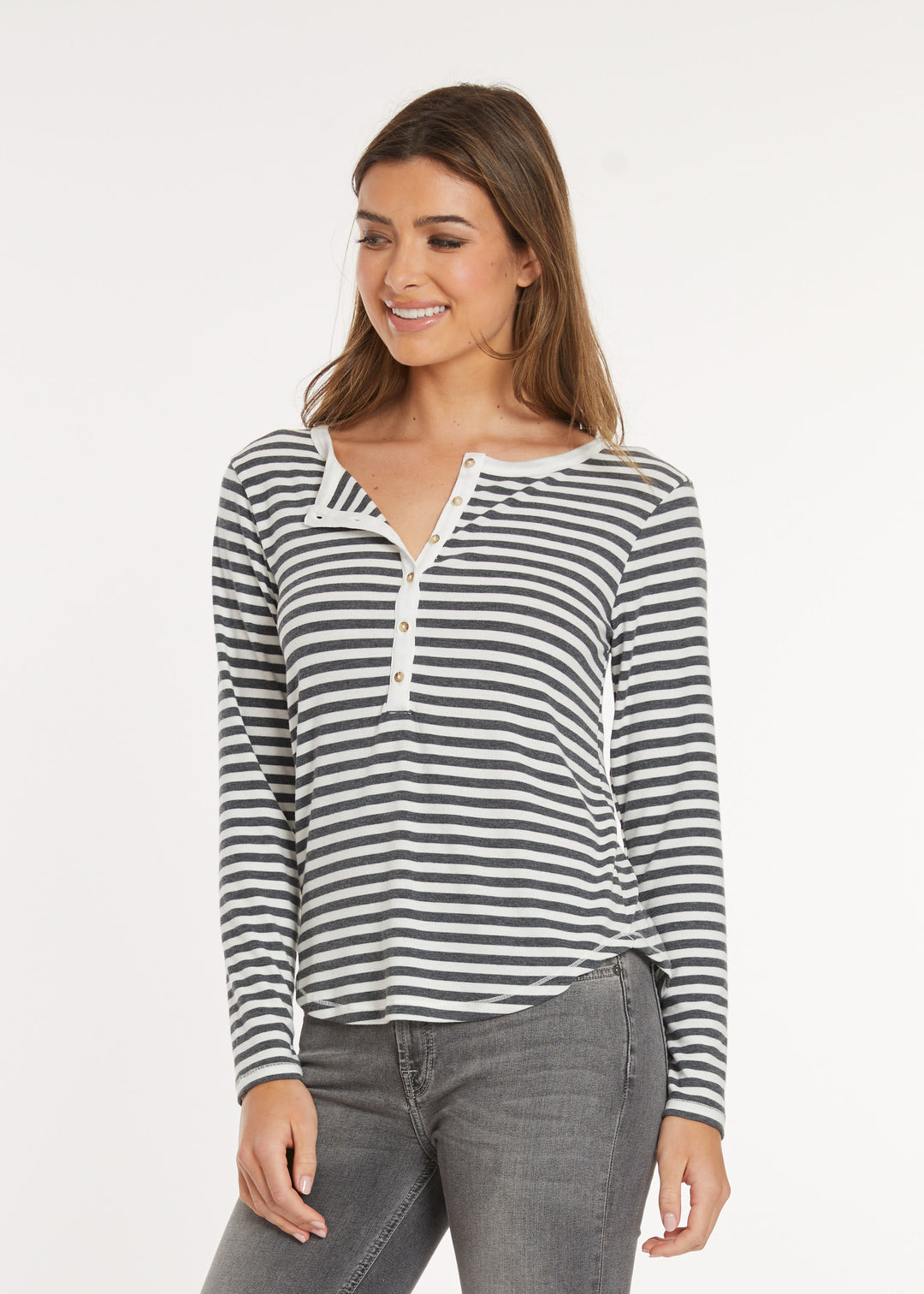 Mododoc Slim Shirttail Henley Ivory/Charcoal Stripe 3