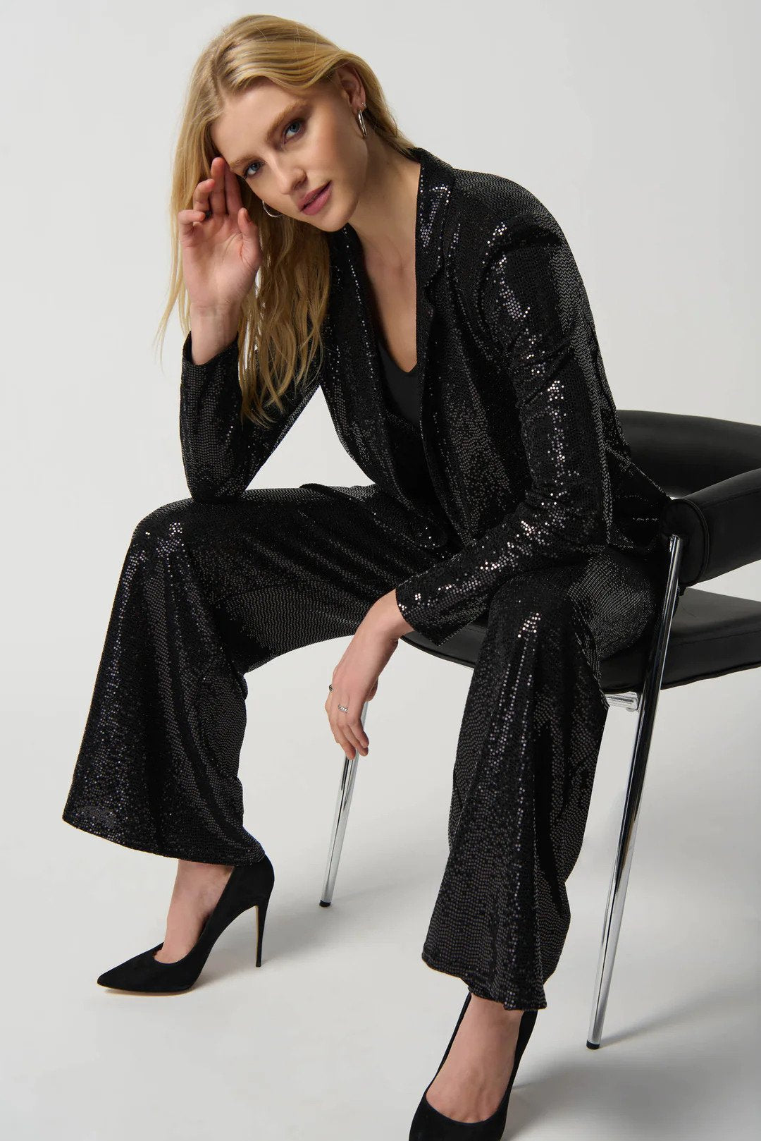 Novelty Knit Blazer with Notch Collar Style 234240 Sitting in Chair.