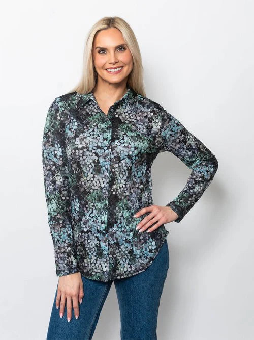 Sno Skins Printed Crinkle Mesh Button Shirt 89379