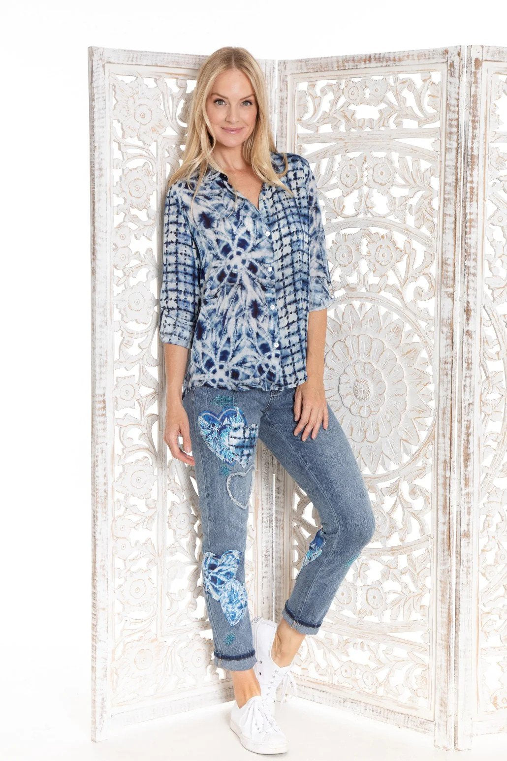 Shibori Mix Print Button Front Top Studio Shot.