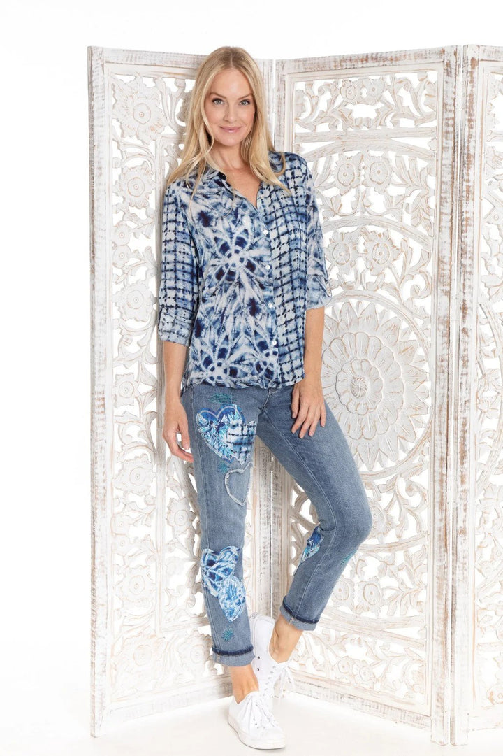 Shibori Mix Print Button Front Top Studio Shot.