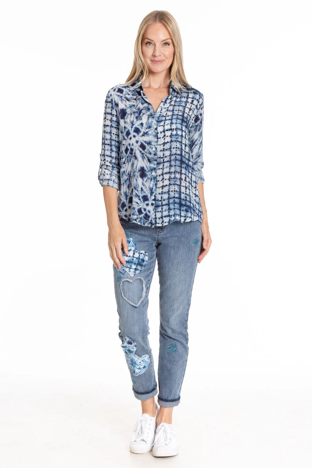 Shibori Mix Print Button Front Top