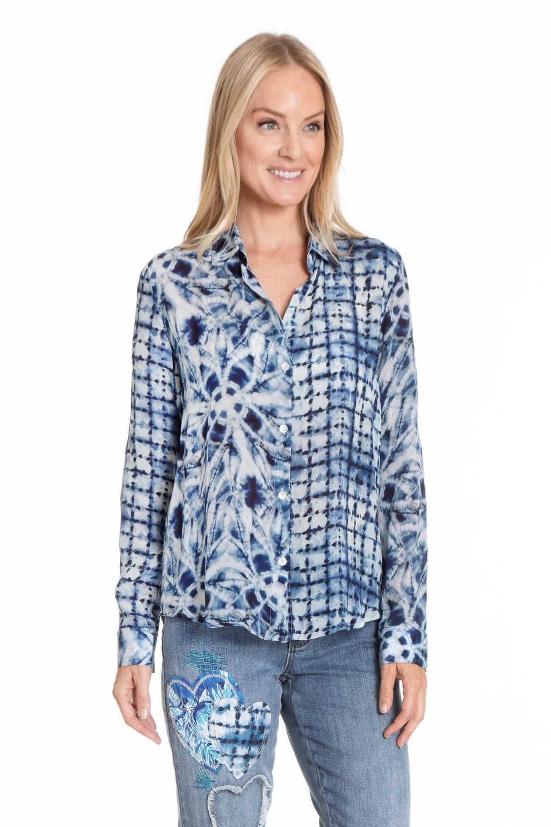 Shibori Mix Print Button Front Top Front Close-up.