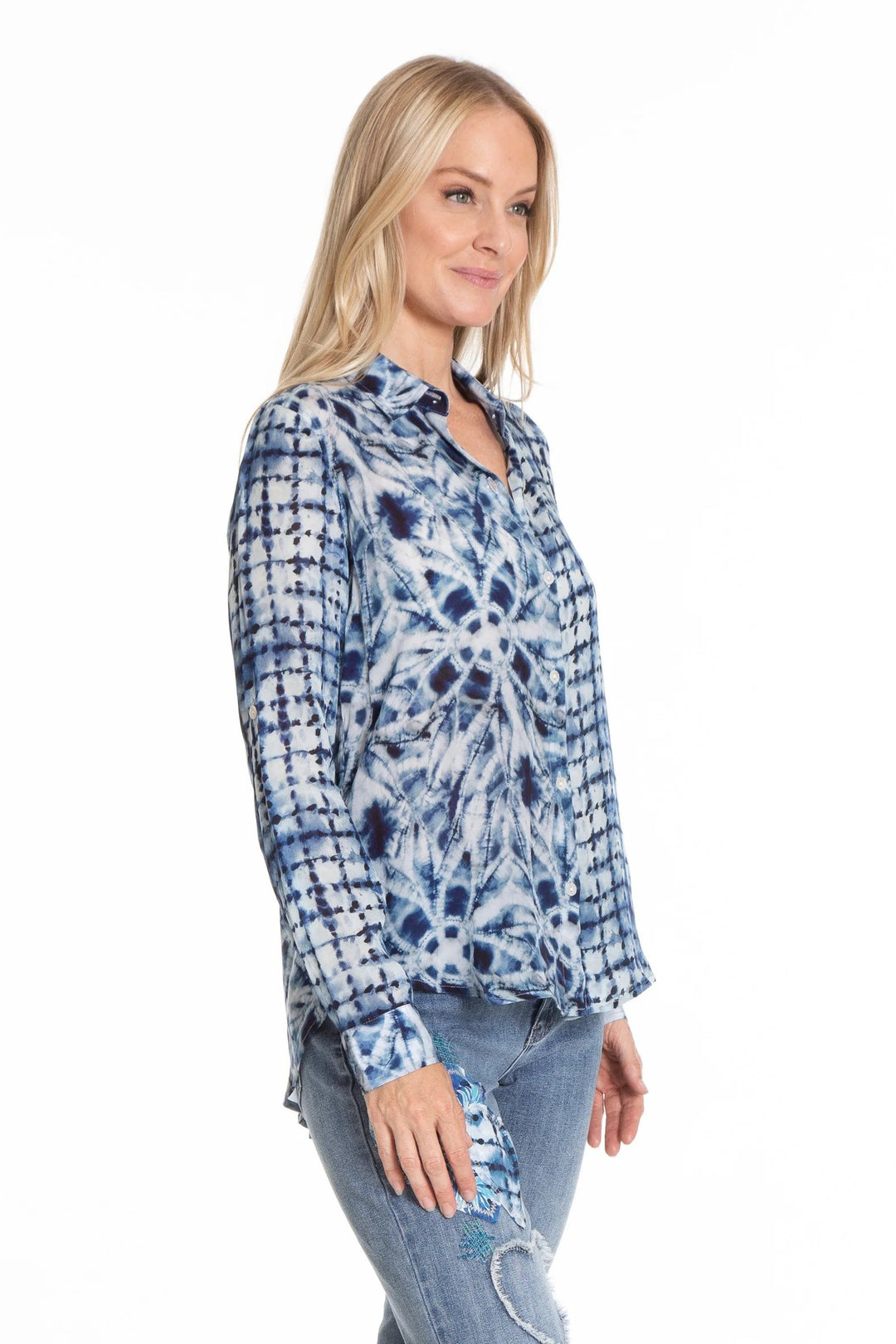 Shibori Mix Print Button Front Top Side.