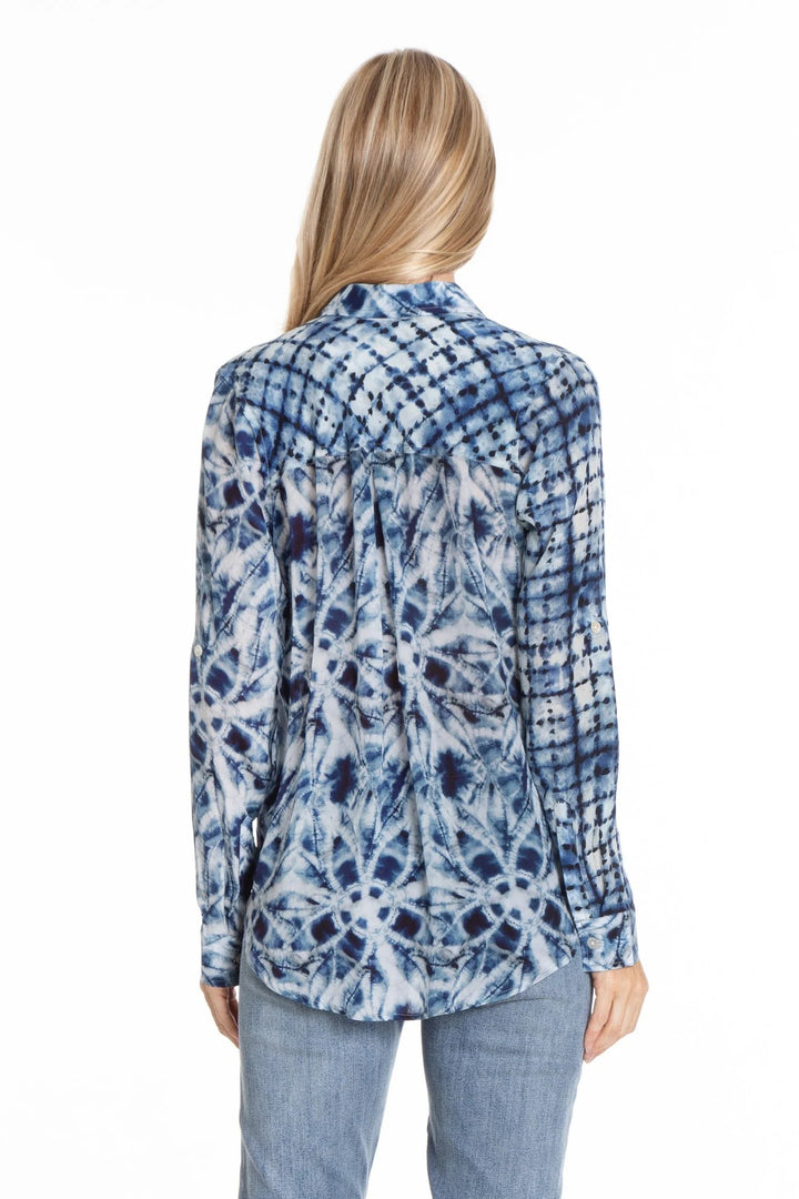 Shibori Mix Print Button Front Top Back.