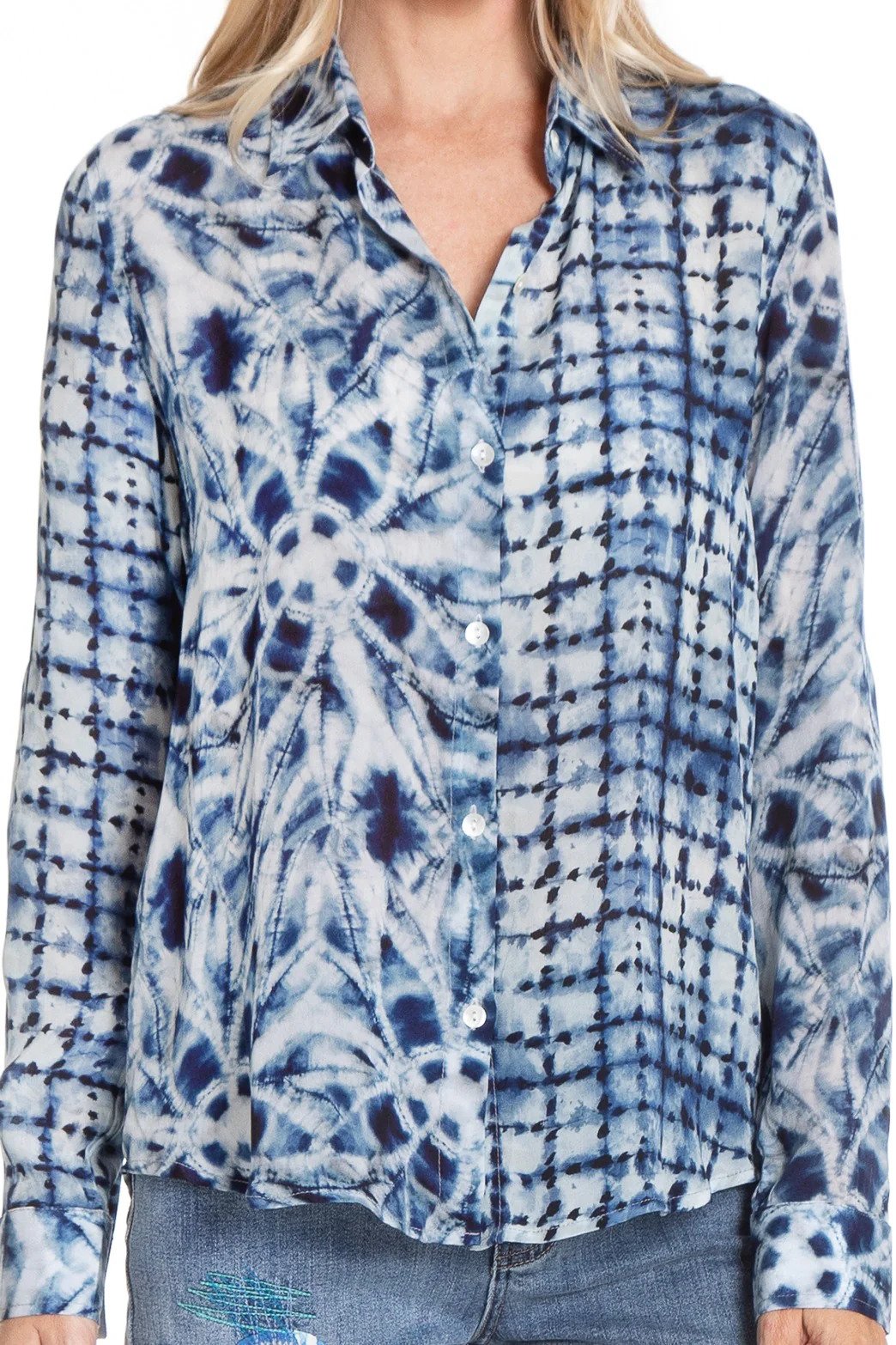 Shibori Mix Print Button Front Top Close-up Detail.