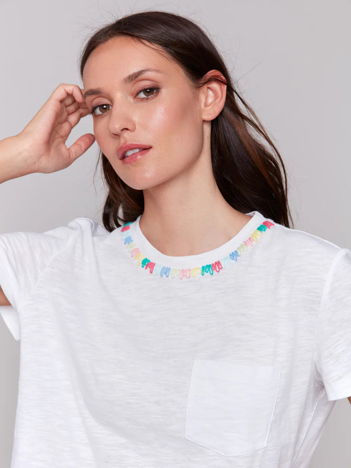 Embroidered Neckline Cotton T-Shirt - White 2