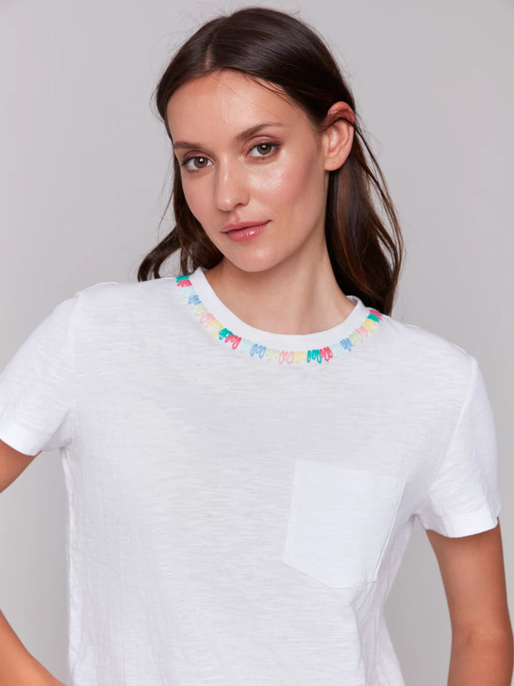 Embroidered Neckline Cotton T-Shirt - White 4