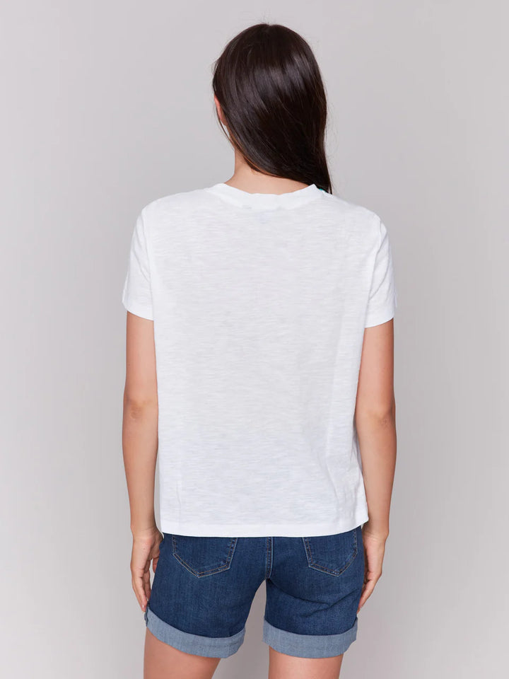 Embroidered Neckline Cotton T-Shirt - White 5